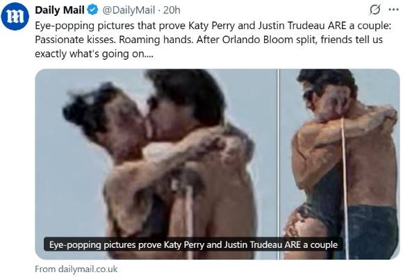 트뤼도 전 캐나다 총리와 팝스타 케이티 페리의 열애 사진 [사진=@DailyMail X 캡처]