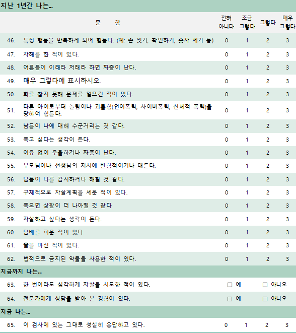 중등학교용 학생 정서행동특성검사지 문항 일부