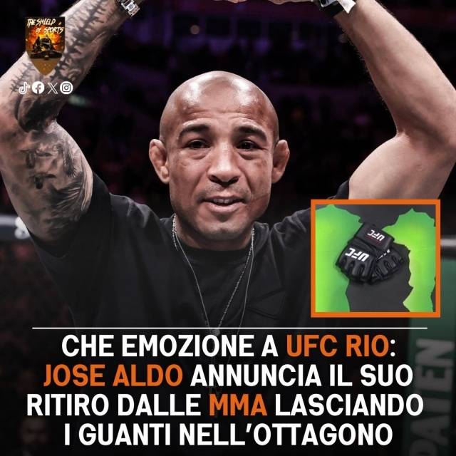 알도는 지난 12일(한국시간) 브라질 리우데자네이루 파르마지 아레나에 등장했다. 그는 자신의 등장곡과 함께 모습을 드러냈고 이후 옥타곤 중앙에 글러브를 내려놓으며 은퇴를 선언했다. 브라질 관중은 뜨겁게 환호, 영웅의 마지막을 함께했다. 사진=더 쉴드 오브 스포츠 SNS