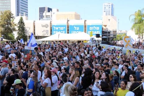 '환호' (텔아비브=연합뉴스) 김동호 특파원 = 13일(현지시간) 텔아비브미술관 앞 '인질 광장'에 운집한 시민들이 인질 석방에 환호하고 있다. 2025.10.13 dk@yna.co.kr