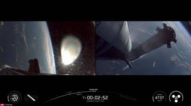 슈퍼 헤비 부스터가 우주선에서 분리되는 모습 (출처=스페이스X)