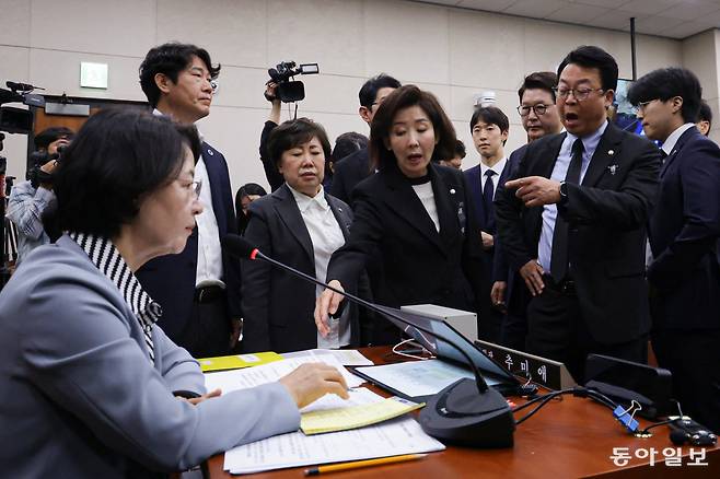 13일 국민의힘 의원들이 추미애 법사위원장을 둘러싼 채 조희대 대법원장의 이석을 요청하며 항의하고 있다. 박형기 기자 oneshot@donga.com