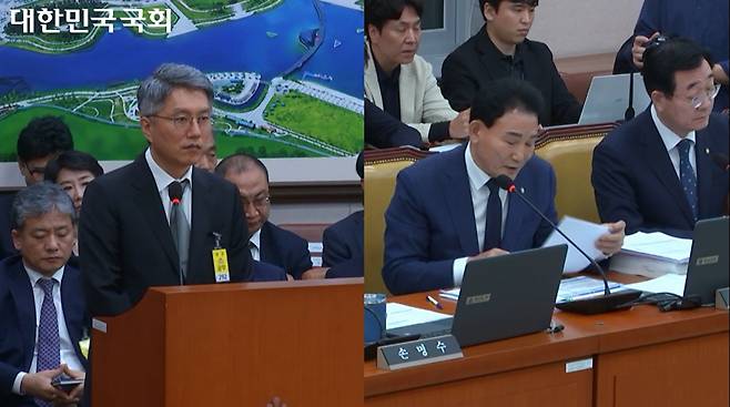 13일 국회 국토교통위원회의 국토교통부 국정감사에서 류긍선 카카오모빌리티 대표(왼쪽)가 박종갑 의원(더불어민주당)의 질의를 듣고 있다. [사진=국회 인터넷의사중계시스템]