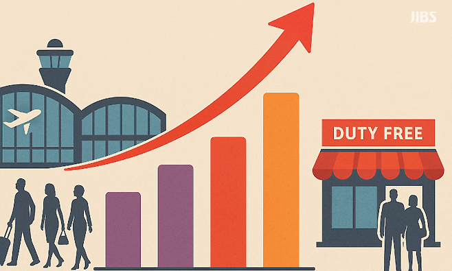 “공항은 다시 붐비지만, 도심은 멈췄다. 불균형 회복 속 면세 산업의 새로운 분기점.” (그래픽으로 표현한 공항·면세점·소비 회복 흐름)