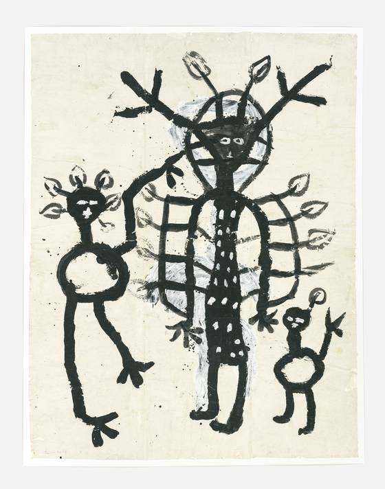 노은님의 1984년작 ‘나무 가족’(269x209㎝)은 전시장 바닥에서 천장에 이르는 대작이다. 동식물ㆍ사람 등 생명에 위계를 두지 않은 ‘노은님 월드’의 대표작이다. 사진 현대화랑