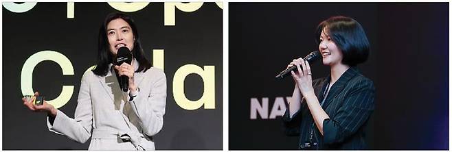 Left: Kakao CEO Chung Shin-a speaks at the company's developer conference in Yongin, Gyeonggi, on Sept. 23. Right: Naver CEO Choi Soo-yeon speaks at the company's networking event held in Silicon Valley on June 8. [NEWS1, NAVER]
