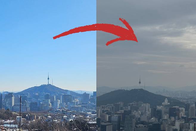 맑은 날과 비오는 날 남산타워 풍경. 김광우 기자.