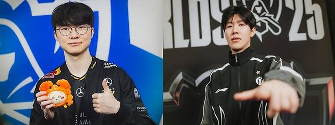 [서울=뉴시스] (왼쪽부터) 리그 오브 레전드(LoL) e스포츠 한국 리그(LCK) 팀 T1 소속 '페이커' 이상혁과 중국 리그(LPL) 팀 인빅터스 게이밍(IG) 소속 '더샤이' 강승록 (사진=라이엇 게임즈 제공) *재판매 및 DB 금지