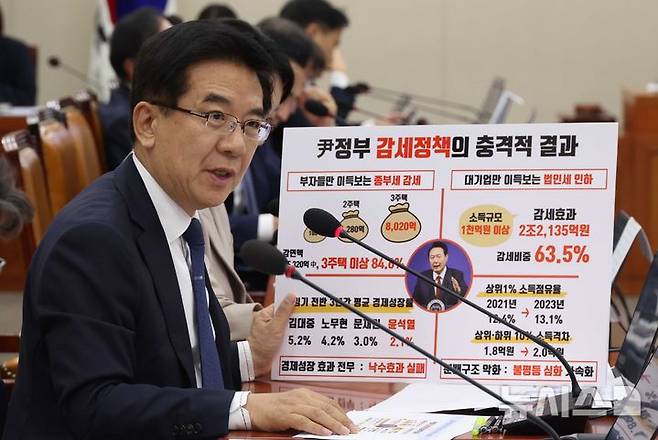 [서울=뉴시스] 조성봉 기자 = 정일영 더불어민주당 의원이 14일 서울 여의도 국회 기획재정위원회에서 열린 기재부 국정감사에서 질의를 하고 있다. 2025.10.14. suncho21@newsis.com