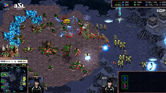 - 끝까지 버텨낸 김택용이 한방 병력으로 저그의 멀티를 파괴하는데 성공했다