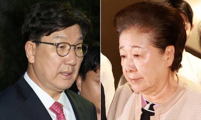 통일교로부터 불법 정치자금을 수수한 혐의를 받는 권성동 국민의힘 의원(왼쪽 사진)이 서울 서초구 서울중앙지법에서 구속 전 피의자 심문(영장실질심사)을 받은 뒤 대기 장소인 서울구치소로 향하고 있다. 윤석열 정부에 통일교 현안 지원을 요청하며 금품 등을 전달한 의혹을 받는 한학자 통일교 총재가 서울 종로구 케이티 광화문빌딩 웨스트에 마련된 김건희 특검 사무실로 출석하고 있다. 류우종 기자 wjryu@hani.co.kr 정용일 선임기자 yongil@hani.co.kr