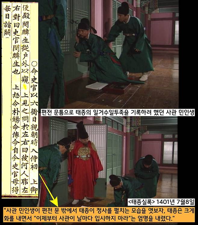 태종이 사관의 입시를 불허하자 사관 민인생은 편전 문밖에서 엿보며 임금과 신하의 일거수일투족을 기록하려 했다. 태종은 불같이 화를 내며 “이제부터 사관은 매일같이 입궐하지 않도록 하라”는 명을 내렸다.