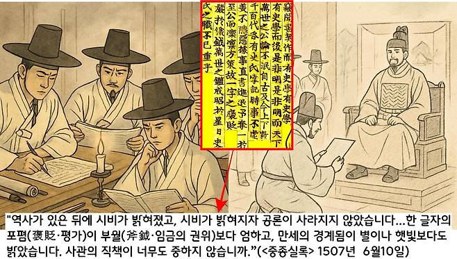 <중종실록>은 “역사가 있은 뒤에 시비가 밝혀졌으며, 시비가 밝혀지자 공론(公論)이 사라지지 않았다”면서 “사관의 포폄(褒貶·평가)이 부월(斧鉞·임금의 권위)보다도 엄하니…사관의 직책이 중하다”고 했다. (1507년 6월10일)