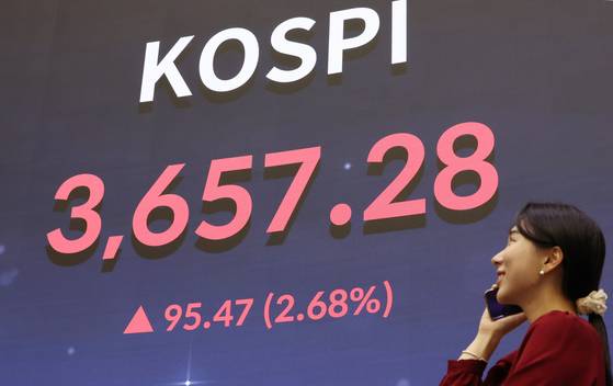 The Kospi is displayed on a screen inside the Korea Exchange in Yeouido, western Seoul, on Oct. 15. [YONHAP]