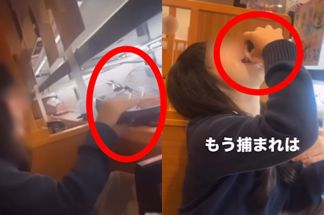 최근 일본 야마가타현의 쿠라스시 매장에서 한 여학생이 회전대 위에 진열된 회전초밥에 침을 묻히거나(사진 왼쪽) 간장병에 입을 갖다 대는 영상을 올려 논란이 되고 있다. 쿠라스시는 14일 “엄정하게 대응하겠다”고 밝혔다. 엑스(X) 캡처