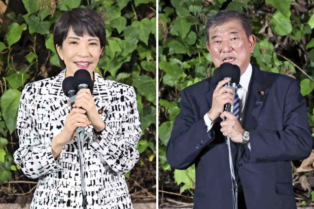 왼쪽부터 다카이치 사나에 자민당 신임 총재, 이시바 시게루 일본 총리 자료사진