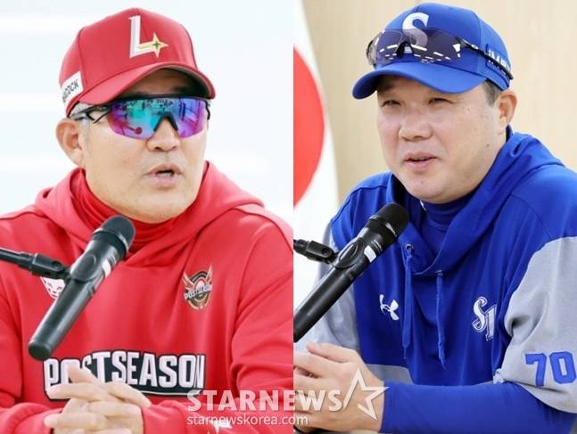 14일 준PO 4차전을 앞두고 인터뷰를 하고 있는 이숭용 SSG 감독(왼쪽)과 박진만 삼성 감독. /사진=강영조 선임기자