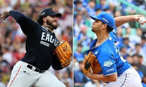 오는 17일 대전 한화생명 볼파크에서 열리는 2025 KBO리그 플레이오프 1차전에 선발 등판하는 한화 이글스 코디 폰세(왼쪽)와 삼성 라이온즈 헤르손 가라비토. 연합뉴스