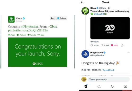 Xbox의 플레이스테이션4 론칭 축하 메시지(왼쪽)와 소니의 Xbox 20주년 축하 메시지. [사진 각사]