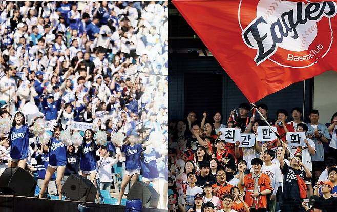대구 삼성라이온즈파크와 대전 한화생명볼파크(오른쪽)에서 응원하고 있는 홈팬들. 각 구단 제공