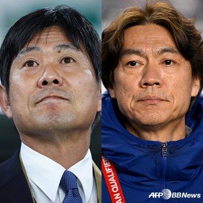 모리야스(왼쪽) 일본 대표팀 감독과 홍명보 대한민국 감독. /AFPBBNews=뉴스1