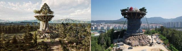 경남 창원시 도시공원 한복판에 추진 중인 빅트리의 애초 조감도(왼쪽)와 현재 공사 현장 모습. 창원시 제공