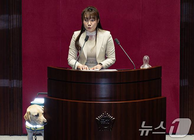 김예지 국민의힘 의원의 안내견 '태백'이가 13일 오후 서울 여의도 국회 본회의장에서 열린 제423회 국회(임시회) 제1차 본회의에서 김 의원이 보건복지위원회 소관 제안설명 및 심사보고를 하는 동안 발언대 주위를 살피고 있다. 2025.3.13/뉴스1 ⓒ News1 이재명 기자