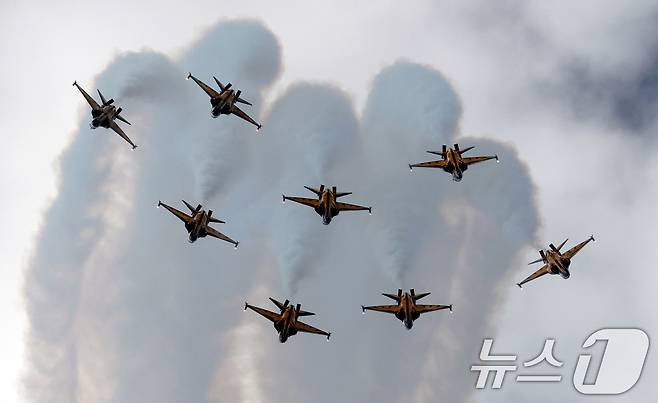 17일 경기 성남시 수정구 서울공항에서 열린 '서울 국제 항공우주 및 방위산업 전시회'(서울 ADEX 2025)'에서 공군 특수비행팀 블랙이글스가 화려한 에어쇼를 선보이고 있다. 2025.10.17/뉴스1 ⓒ News1 김영운 기자
