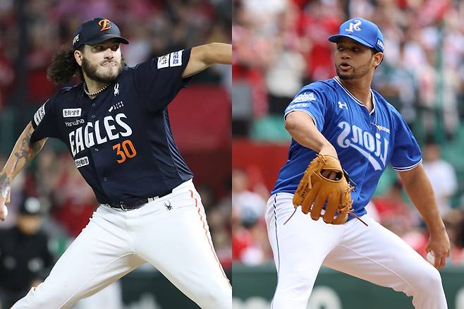 한화와 삼성이 17일 대전 한화생명 볼파크에서 2025 KBO리그 포스트시즌 PO 1차전을 치른다. 1차전 한화 선발은 폰세(왼쪽). 삼성 선발은 가라비토. 사진 | 한화 이글스, 삼성 라이온즈