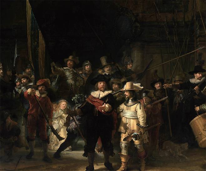 렘브란트의 1642년 작 ‘야경’. 물감 속 납과 황 성분이 만나 검게 변하면서 시간이 갈수록 어둠이 더 짙어졌다. /위키미디어