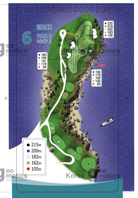 파인비치 15번(비치6번)홀. 블랙티는 215m, 블루티는 200m, 화이트티는 182m, 골드티는 162m다. LPGA 투어는 바다를 건너지 않는 골드티를 썼다.
