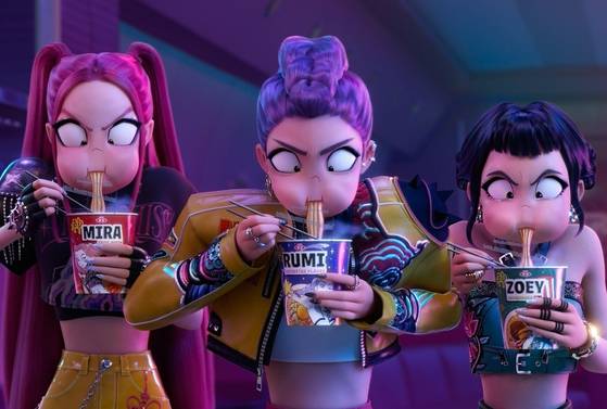 A scene from Netflix's ″KPop Demon Hunters," where characters are seen eating ramyeon [NETFLIX]