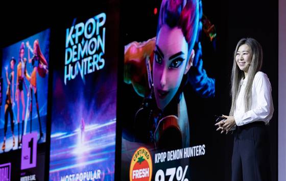 Maggie Kang, director of ″KPop Demon Hunters,″ speaks during the JoongAng 60th Anniversary Global Media Conference held at the Lotte Hotel in central Seoul on Sept. 18. [JOONGANG ILBO]
