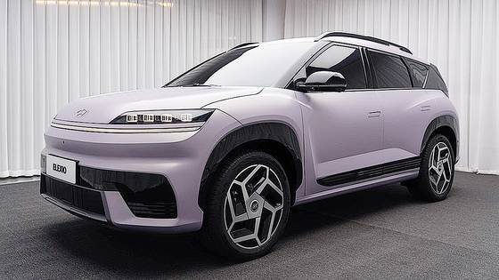 The exterior of Beijing Hyundai's custom-built electric vehicle, the Elexio, characterized by its front headlights shaped like the number ″8,″ a lucky number for the Chinese [BEIJING HYUNDAI]