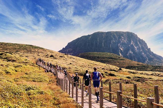 [서귀포=뉴시스] 트랜스제주 국제트레일러닝대회 참가 선수들이 한라산 백록담이 보이는 영실탐방로를 달리는 모습. (사진=서귀포시 제공) photo@newsis.com *재판매 및 DB 금지