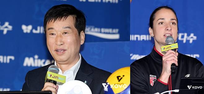 김호철 IBK기업은행 감독과 정관장의 엘리사 자네테  [한국배구연맹 제공. 재판매 및 DB 금지]