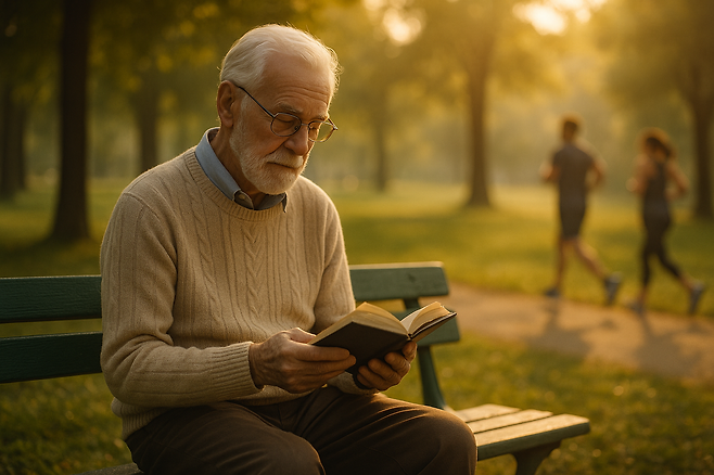 벤치에서 책을 읽고 있는 노인