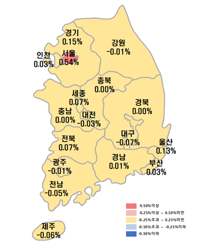 2025년 10월 2주차 시·도별 아파트 매매가격지수 변동률. 한국부동산원 제공