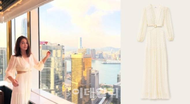 이민정이 바앤쉬 롱드레스를 착용한 모습(왼쪽)과 제품 이미지 (사진=이민정 SNS 계정·브랜드 홈페이지 캡처)