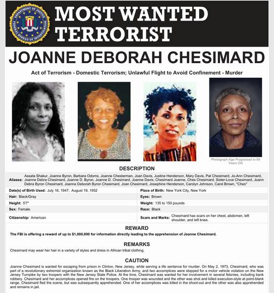 미국 최초의 여성 테러리스트로 지명 수배된 아사타 샤커의 FBI 수배전단 사진. [사진 FBI]
