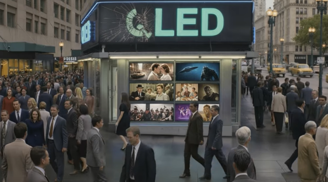 삼성전자가 최근 자사 유튜브 채널에 공개한 ‘진짜 QLED는 어디에’ 광고 이미지. 영상 속 QLED 광고판에 깨진 Q를 통해 가짜(Fake)의 이미지를 표현하고 있다. 영상 캡쳐