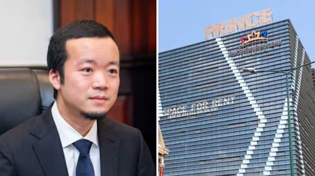 지난해 12월 이후 행방이 묘연한 천즈 프린스그룹 회장 모습(왼쪽 사진). 오른쪽은 당초 그룹 본사 건물 외벽에 붙어 있던 그룹 간판. 현재는 본사는 물론 대부분의 계열사서 사라진 상태다. 프린스그룹 홈페이지·CNA방송 캡처