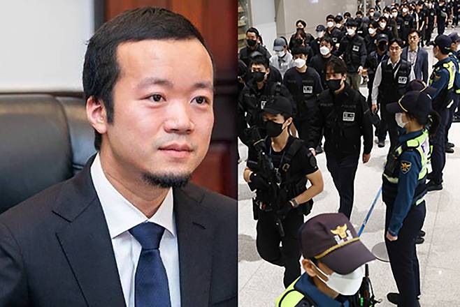 (왼쪽부터) 프린스그룹 천즈 회장.연합뉴스 / 캄보디아 당국의 범죄단지 단속으로 적발돼 구금됐던 한국인들이 18일 오전 인천국제공항 2터미널을 통해 송환되고 있다. 이번 송환 대상자들은 이른바 '웬치'로 불리는 캄보디아 범죄단지에서 보이스피싱이나 로맨스 스캠(사기) 등 범죄에 가담한 혐의를 받고 있다. 인천공항=뉴스1