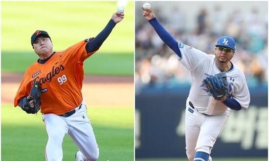 21일 대구 삼성라이온즈파크에서 열리는 2025 KBO리그 플레이오프 3차전에 선발 등판하는 한화 이글스 류현진(왼쪽)과 삼성 라이온즈 아리엘 후라도. 연합뉴스