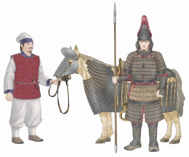 경주 황남동 1호 목곽묘에서 발견된 갑옷을 토대로 주인과 말, 마부를 복원한 상상도. 국가유산청 제공