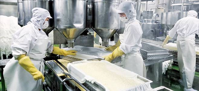 수입 콩 부족 사태로 콩을 원료로 쓰는 국내 두부 공장들이 무더기 가동 중단 위기에 놓였다. 콩이 모자라 다음달 초 가동을 멈추는 강릉초당두부 직원들이 막바지 작업을 하고 있다.  이정선 중기선임기자