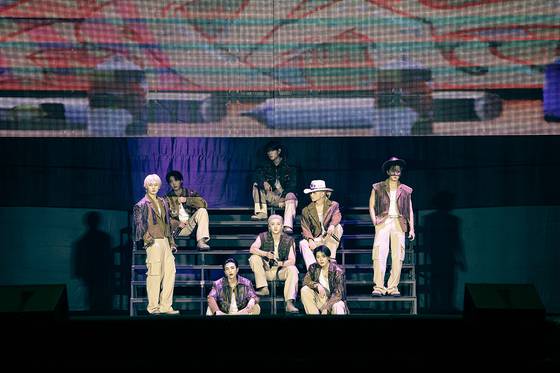 Stray Kids performs during its “dominATE: celebrATE” encore concerts, the finale of its “dominATE” world tour, held on Oct. 18 and 19 at Incheon Asiad Main Stadium. [JYP ENTERTAINMENT]