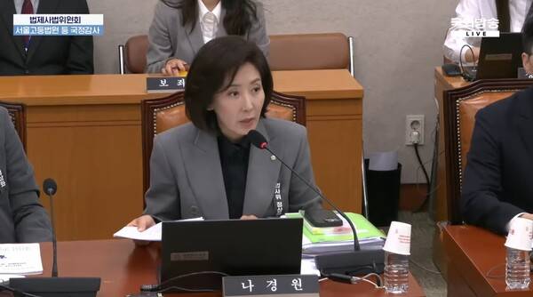 ▲나경원 국민의힘 의원이 20일 법사위 서울고법 등 국정감사에 남편인 춘천지방법원장이 증인으로 출석하자 퇴장했다가 자신의 질의 때 복귀하겠다는 입장을 발표하고 있다. 사진=국회방송 영상 갈무리