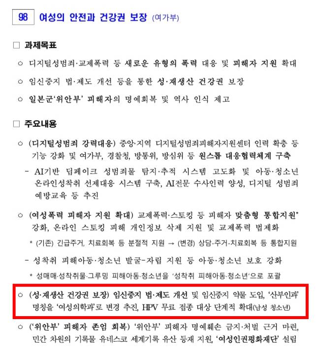이재명정부가 추진하려는 '임신중지'(임신중절의 새 용어) 약물 도입 방안. /자료='이재명정부의 국정운영 5개년 계획'