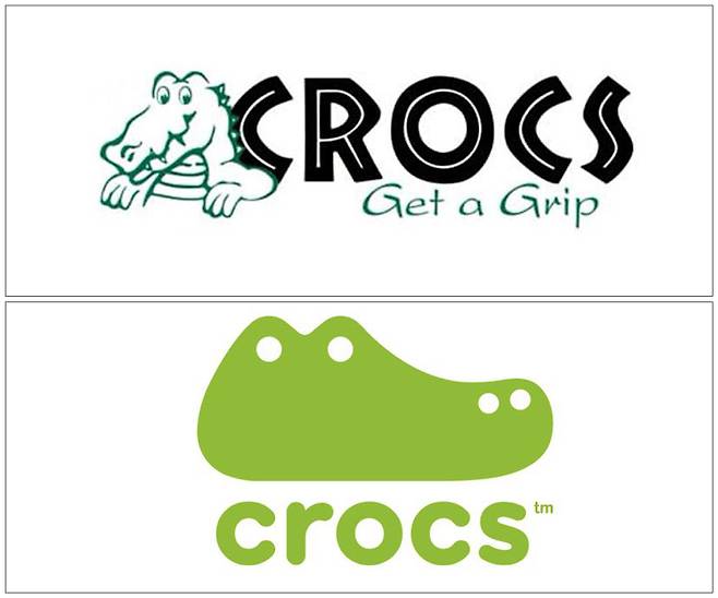 2002~2006년에 썼던 초기 크록스 로고(위쪽)와 현재 로고(아래쪽). 초기 로고에 있는 ‘Get a Grip(정신 차려)’이라는 문구는 미끄러지지 않는다는 의미를 강조한 표현이다. 과거와 현재 로고 모두 악어를 연상케 하는 신발 모양을 보여준다. [1000로고스닷넷·크록스 홈페이지]
